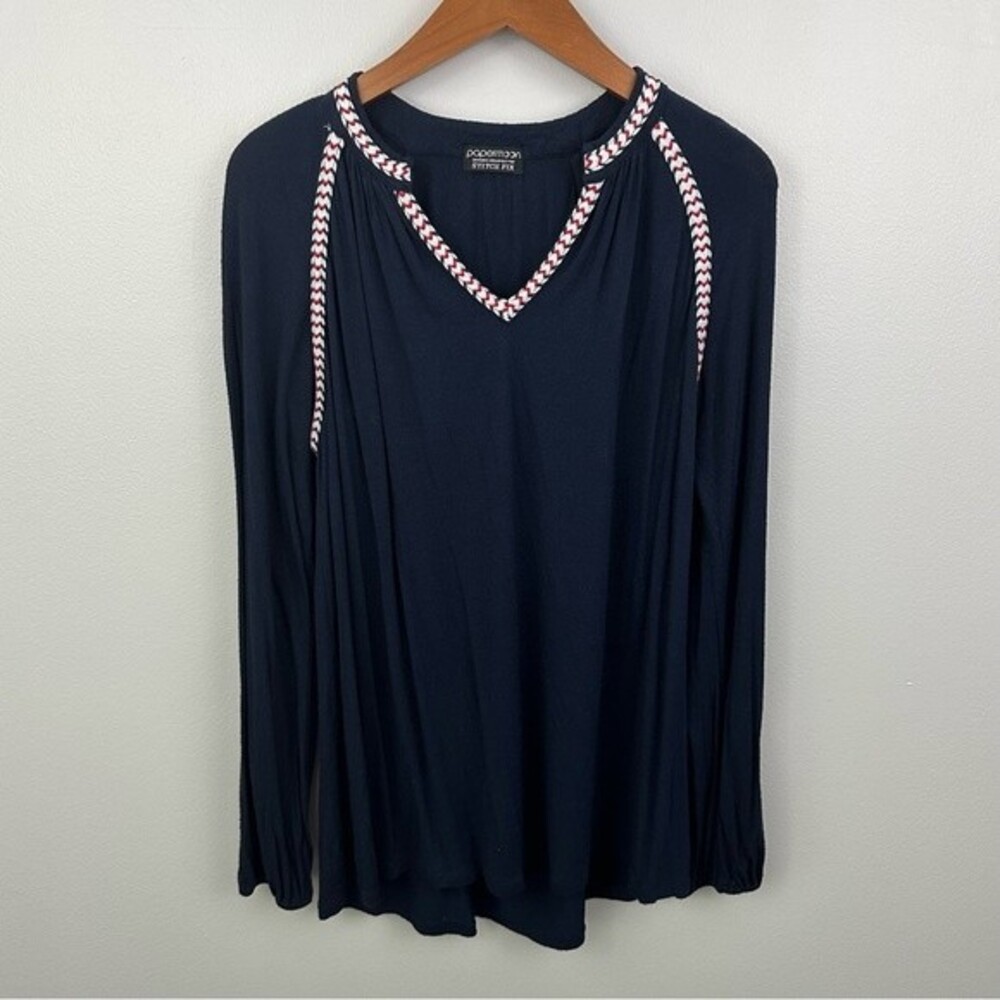 Papermoon For Stitchfix Navy Long Sleeve V-Neck Peasant Blouse Size Medium Chic